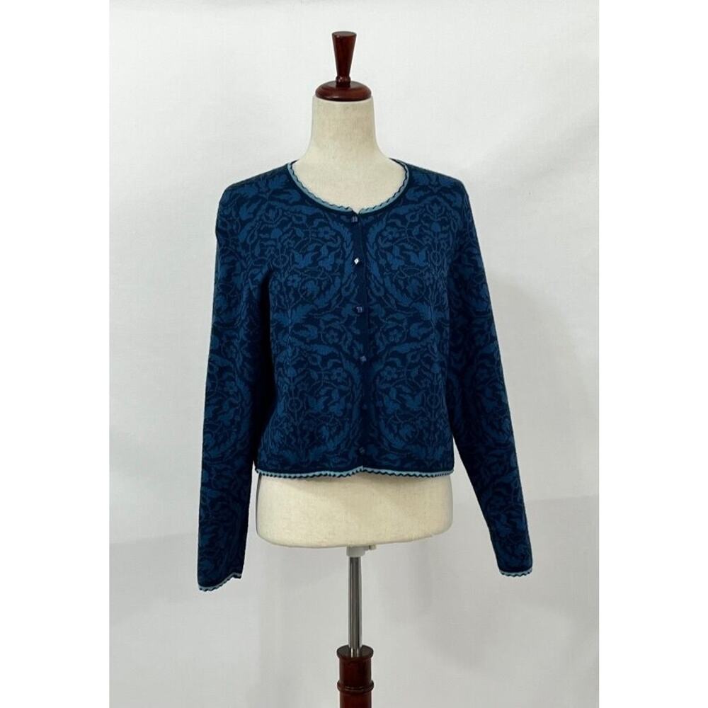 OLEANA Sz M Medium Wool Silk Blue Floral Cardigan Sweater